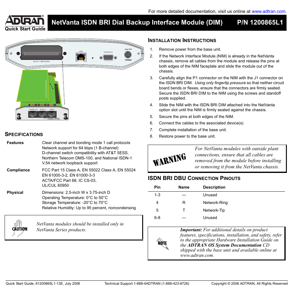 ADTRAN Dial Backup Interface Module 1204006L2 User Manual | 2 pages