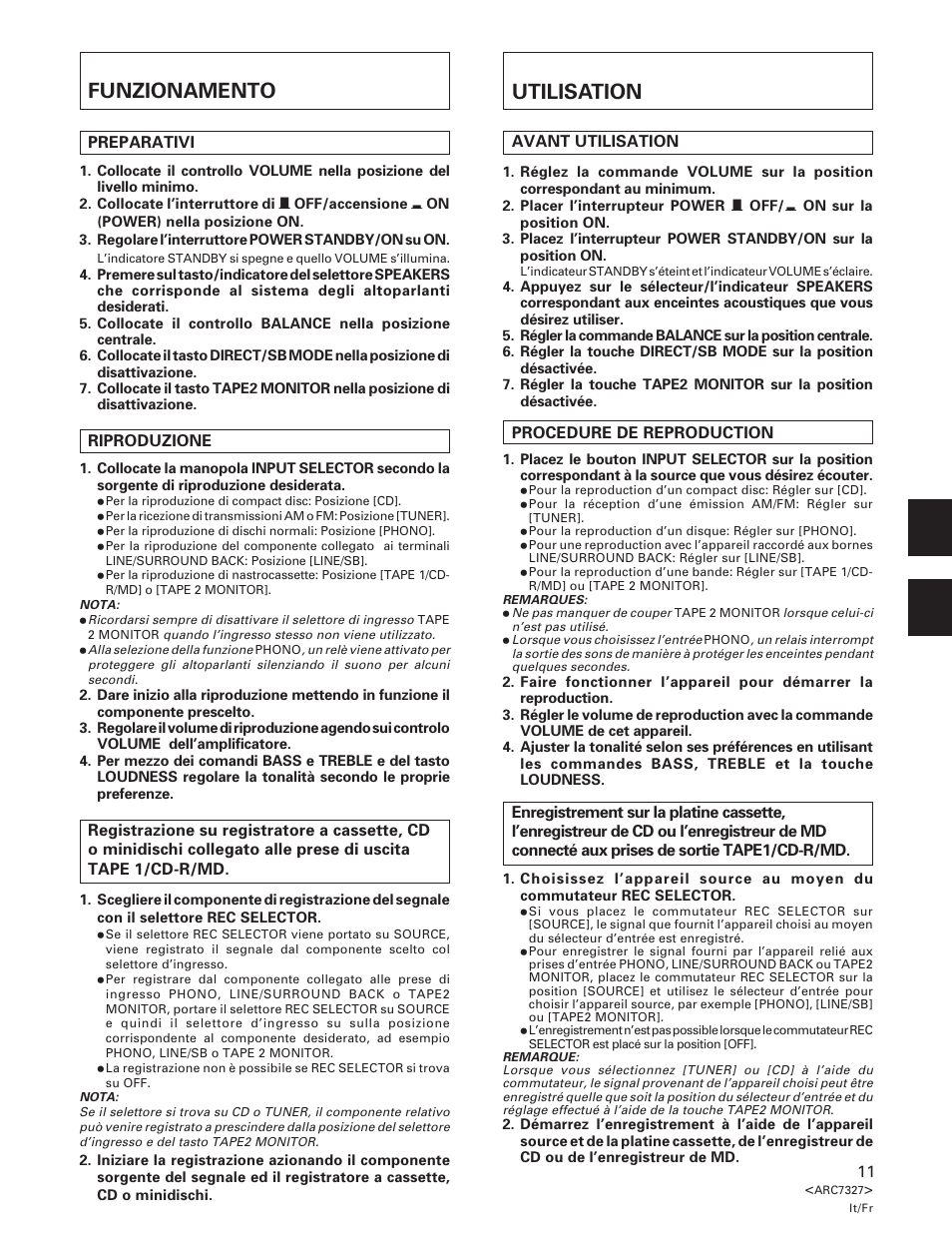 Funzionamento, Utilisation | Pioneer A-509R User Manual | Page 11 / 56