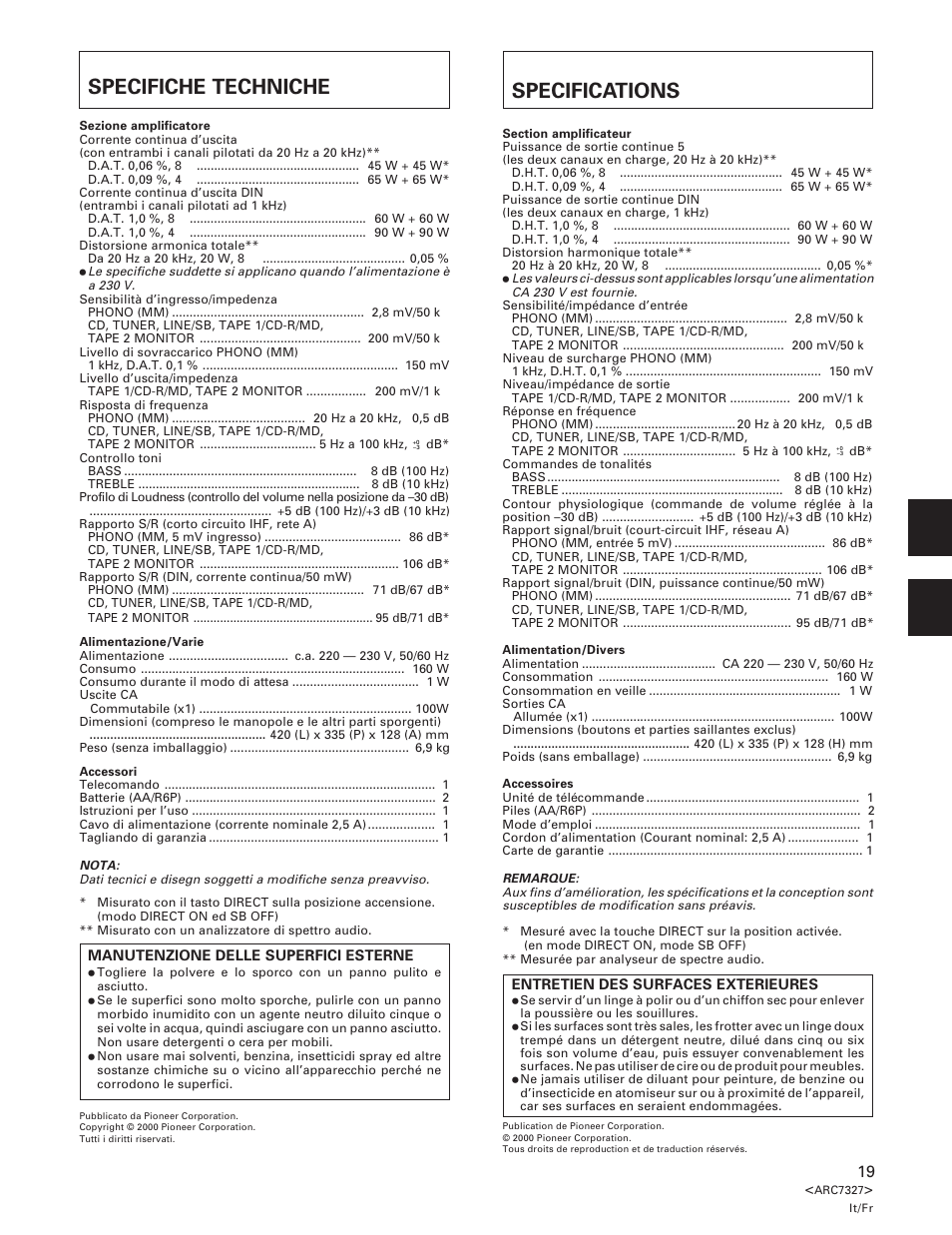 Specifiche techniche, Specifications | Pioneer A-509R User Manual | Page 19 / 56