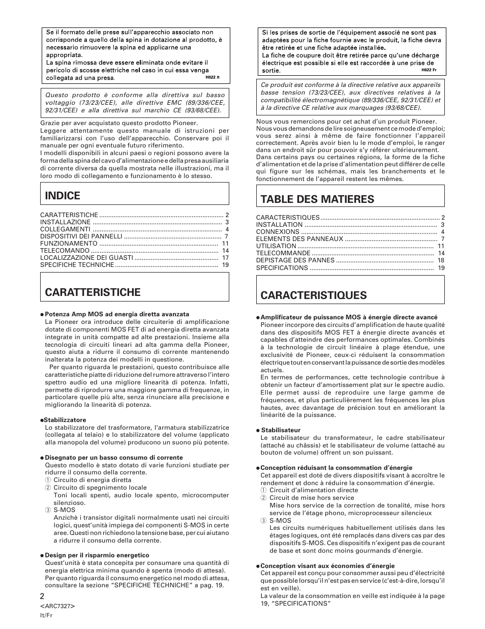 Indice, Caracteristiques, Caratteristiche | Table des matieres | Pioneer A-509R User Manual | Page 2 / 56