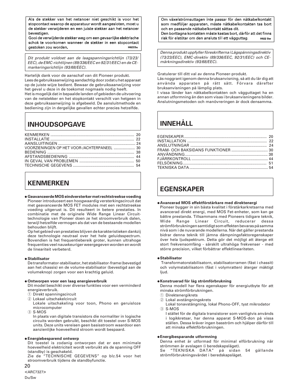 Inhoudsopgave, Innehåll, Kenmerken | Egenskaper | Pioneer A-509R User Manual | Page 20 / 56