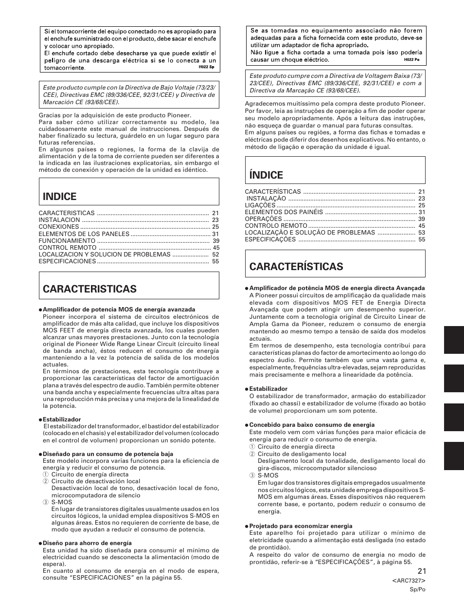 Indice, Índice, Caracteristicas | Características | Pioneer A-509R User Manual | Page 21 / 56