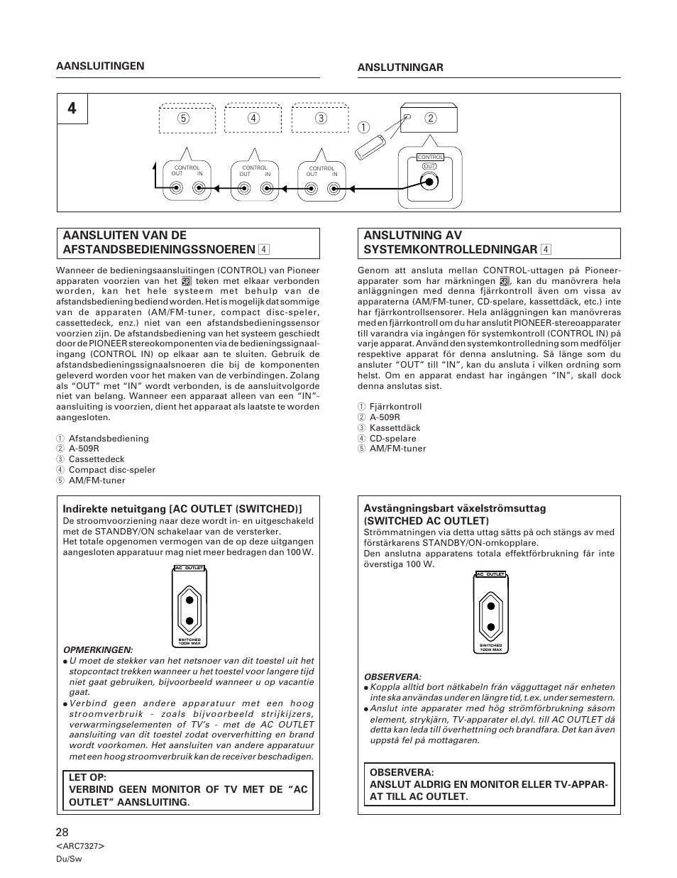 Aansluiten van de afstandsbedieningssnoeren 4, Anslutning av systemkontrolledningar 4 | Pioneer A-509R User Manual | Page 28 / 56