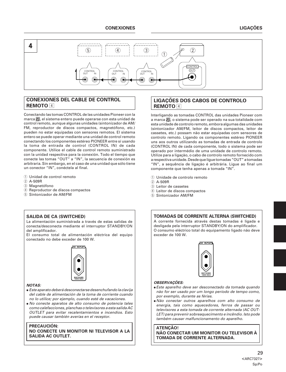 Conexiones del cable de control remoto 4, Ligações dos cabos de controlo remoto 4 | Pioneer A-509R User Manual | Page 29 / 56