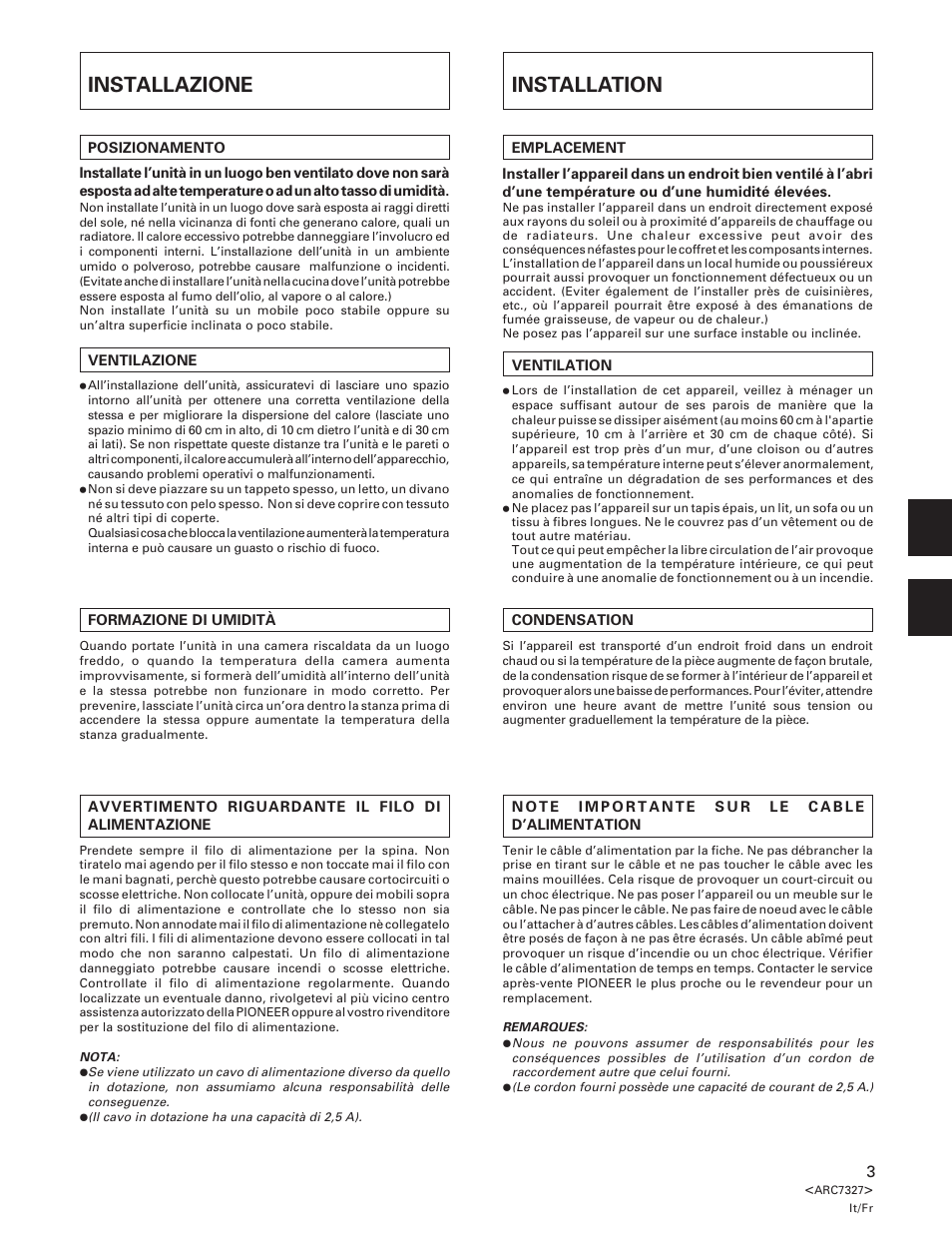 Installazione, Installation | Pioneer A-509R User Manual | Page 3 / 56