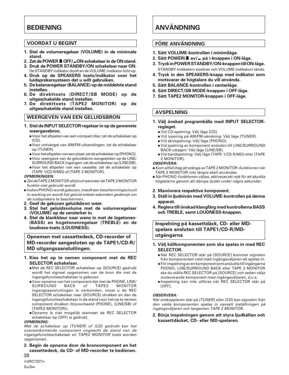 Bediening, Användning, Bediening användning | Pioneer A-509R User Manual | Page 38 / 56