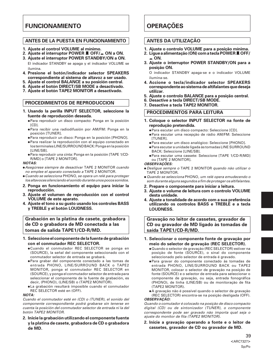 Funcionamiento, Operações, Funcionamiento operações | Pioneer A-509R User Manual | Page 39 / 56