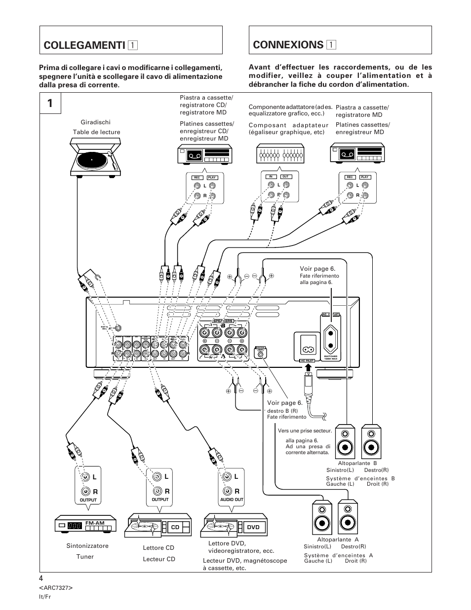 Collegamenti, Connexions, Connexions 1 | Collegamenti 1 | Pioneer A-509R User Manual | Page 4 / 56