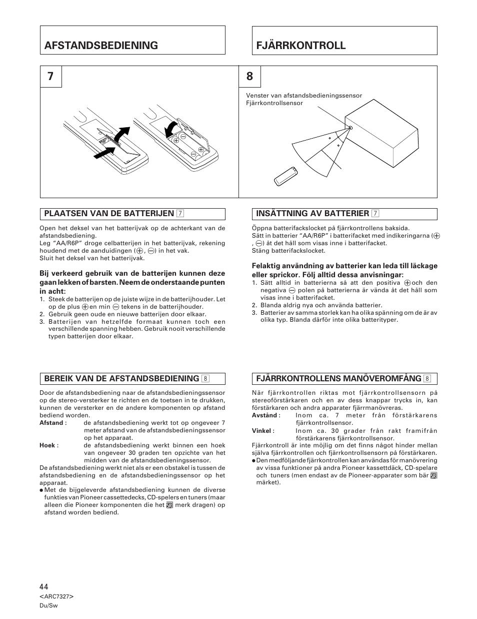 Afstandsbediening, Fjärrkontroll | Pioneer A-509R User Manual | Page 44 / 56