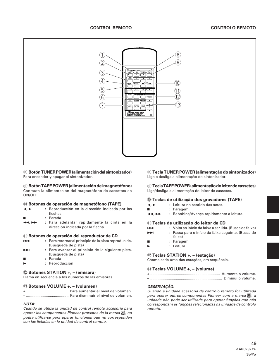 9 botón tape power (alimentación del magnetófono), 0 botones de operación de magnetófono (tape), Botones de operación del reproductor de cd | Botones station +, – (emisora), Botones volume +, – (volumen), 0 teclas de utilização dos gravadores (tape), Teclas de utilização do leitor de cd, Teclas station +, – (estação), Teclas volume +, – (volume) | Pioneer A-509R User Manual | Page 49 / 56