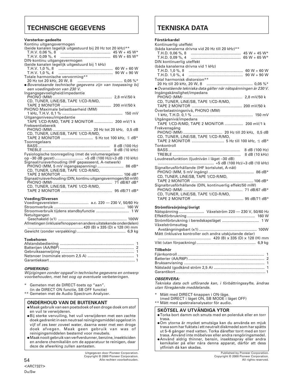 Technische gegevens, Tekniska data | Pioneer A-509R User Manual | Page 54 / 56