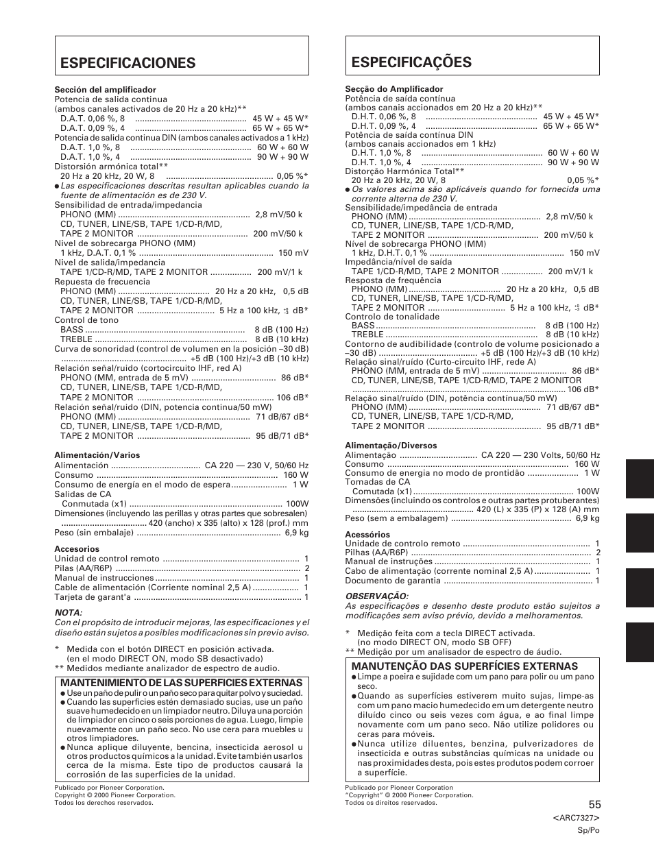 Especificaciones, Especificações | Pioneer A-509R User Manual | Page 55 / 56