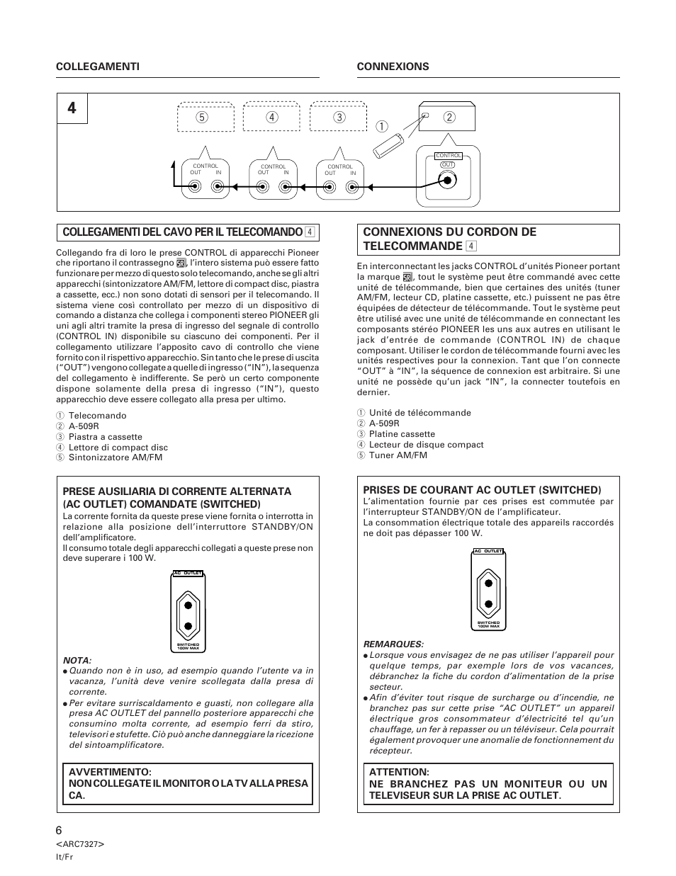 Connexions du cordon de telecommande 4, Collegamenti del cavo per il telecomando 4 | Pioneer A-509R User Manual | Page 6 / 56