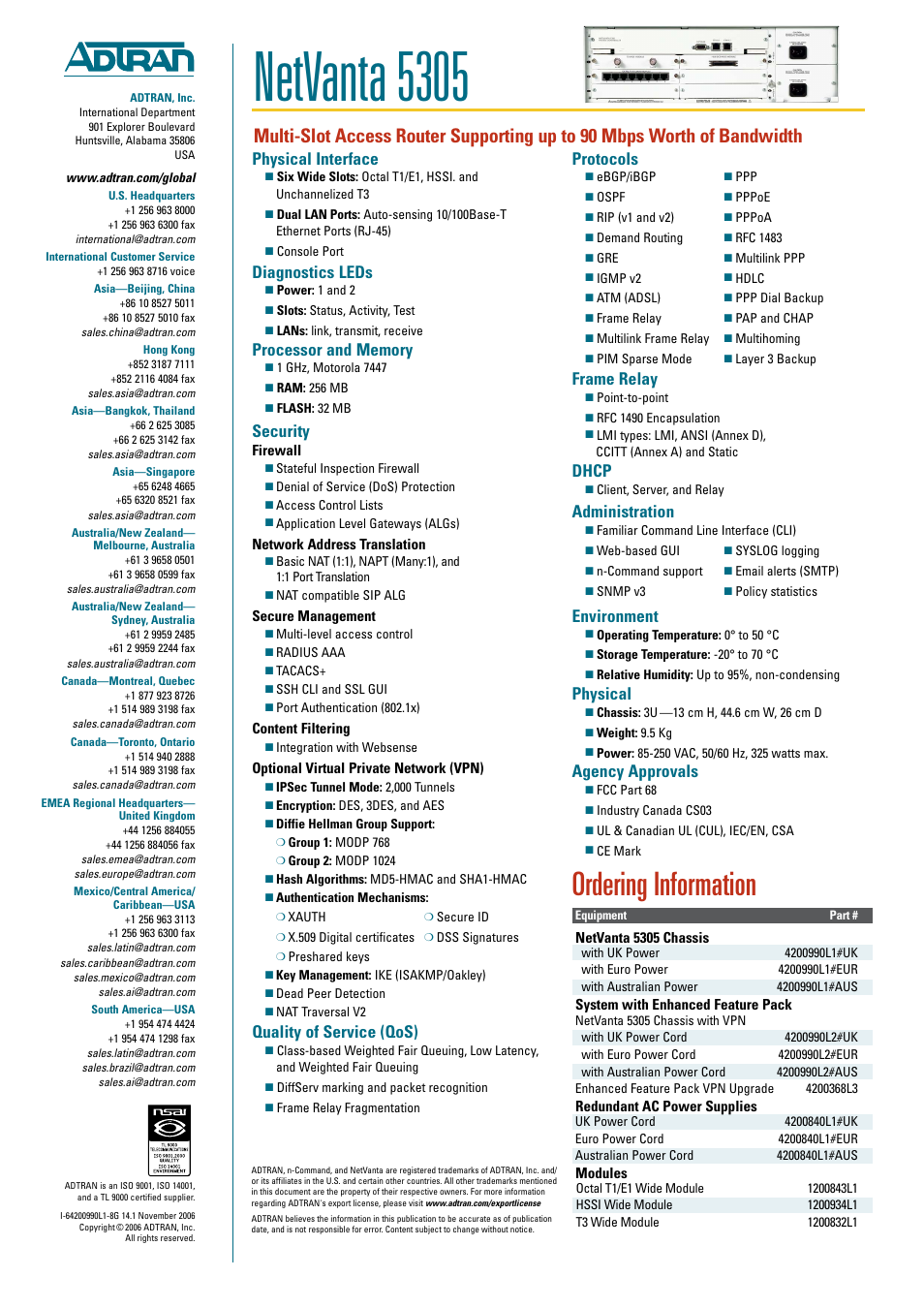 Netvanta 5305, Ordering information, Physical interface | Diagnostics leds, Security, Quality of service (qos), Protocols, Frame relay, Dhcp, Administration | ADTRAN NetVanta 5305 User Manual | Page 2 / 2