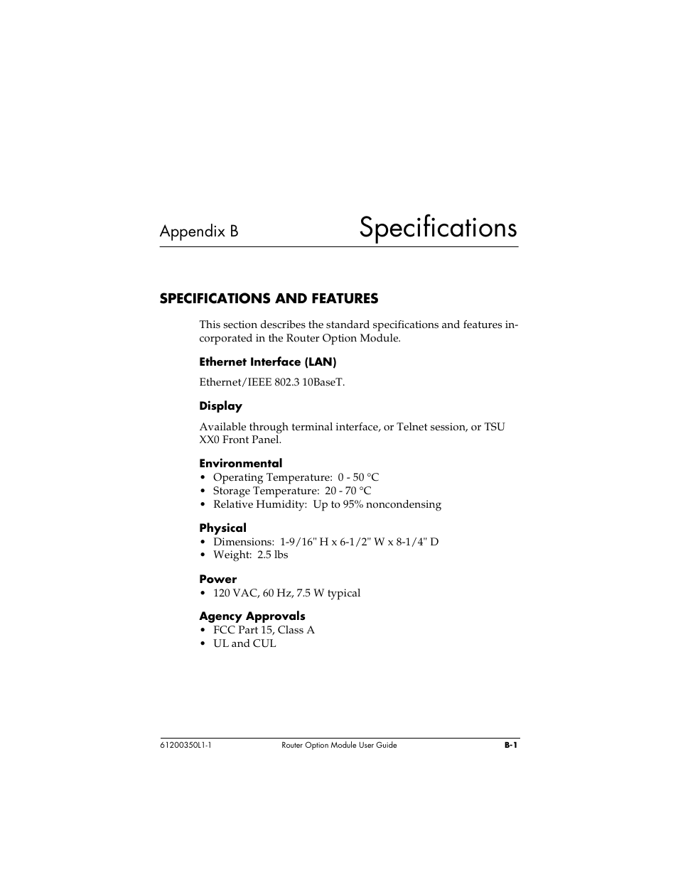 Specifications, Appendix b | ADTRAN 1200350L1 User Manual | Page 109 / 134