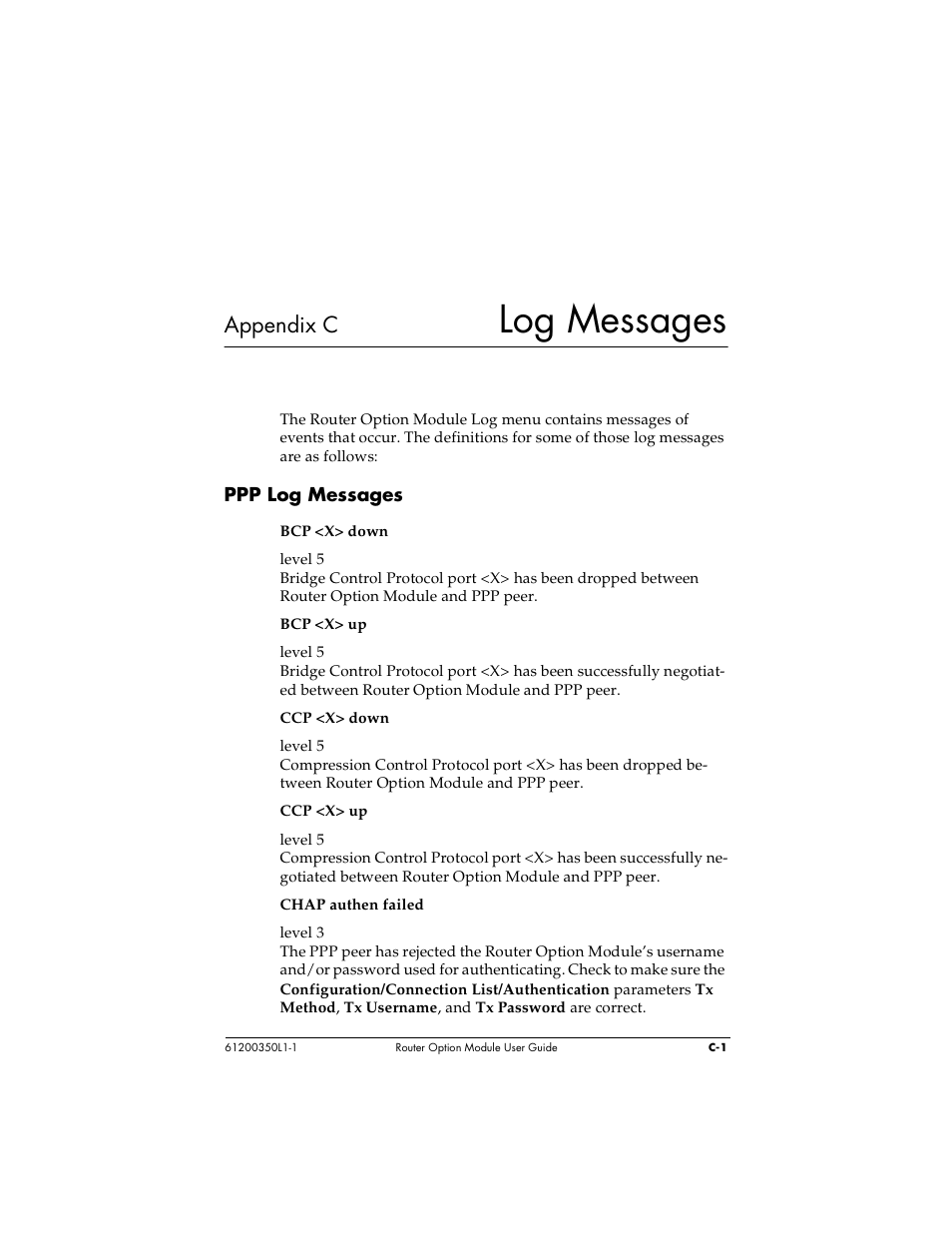 Log messages, Appendix c | ADTRAN 1200350L1 User Manual | Page 111 / 134