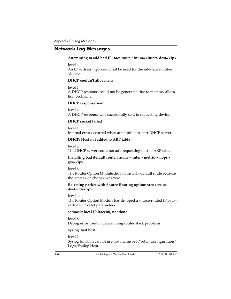 Network log messages | ADTRAN 1200350L1 User Manual | Page 116 / 134