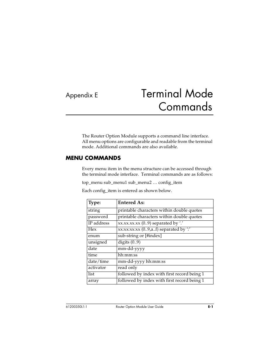 Terminal mode commands, Appendix e | ADTRAN 1200350L1 User Manual | Page 123 / 134