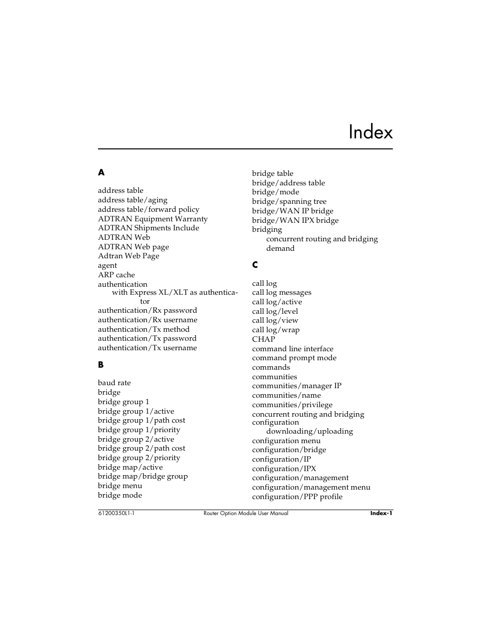 Index | ADTRAN 1200350L1 User Manual | Page 127 / 134