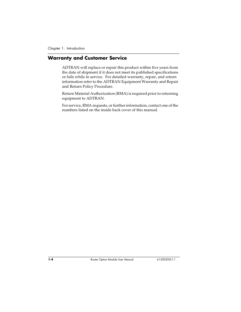 Warranty and customer service | ADTRAN 1200350L1 User Manual | Page 22 / 134