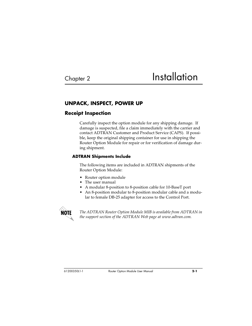 Installation, Chapter 2 | ADTRAN 1200350L1 User Manual | Page 23 / 134