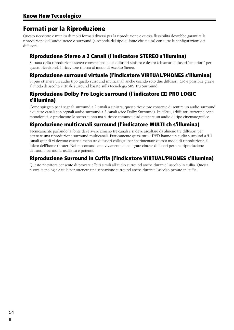 Formati per la riproduzione 54, Formati per la riproduzione | Pioneer VSX-C300-S User Manual | Page 108 / 112