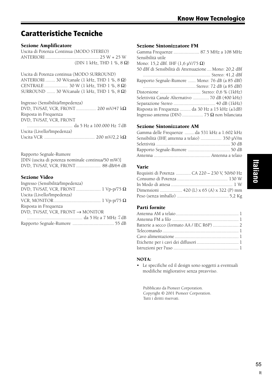 Caratteristiche tecniche 55, Caratteristiche tecniche, Know how tecnologico | Pioneer VSX-C300-S User Manual | Page 109 / 112