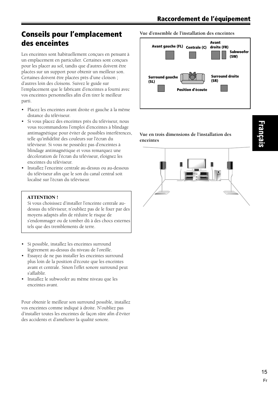 Conseils pour l’emplacement des enceintes 15, Conseils pour l’emplacement des enceintes, Raccordement de l’équipement | Pioneer VSX-C300-S User Manual | Page 15 / 112