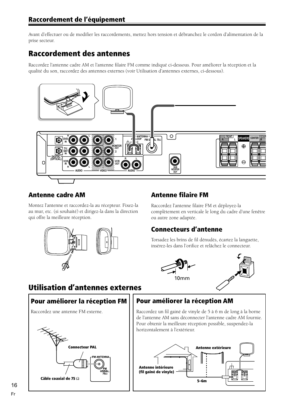 Raccordement des antennes 16, Utilisation d’antennes externes 16, Utilisation d’antennes externes | Raccordement des antennes, Raccordement de l’équipement antenne filaire fm, Antenne cadre am, Connecteurs d’antenne, Pour améliorer la réception fm, Pour améliorer la réception am, 10mm | Pioneer VSX-C300-S User Manual | Page 16 / 112