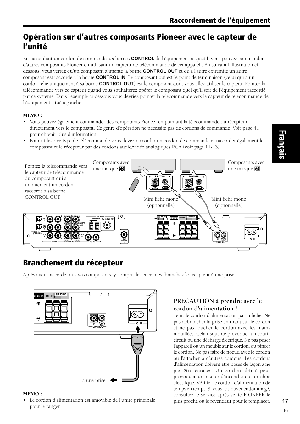 Branchement du récepteur 17, Branchement du récepteur, Raccordement de l’équipement | Précaution à prendre avec le cordon d’alimentation, En raccordant un cordon de commandeaux bornes, Control, Control out, Control in | Pioneer VSX-C300-S User Manual | Page 17 / 112