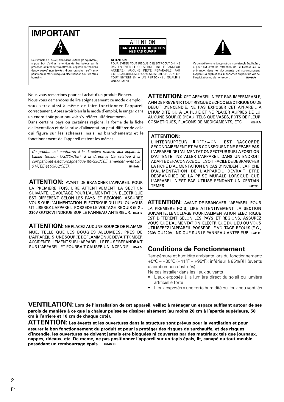 Conditions de fonctionnement, Ventilation, Attention | Pioneer VSX-C300-S User Manual | Page 2 / 112