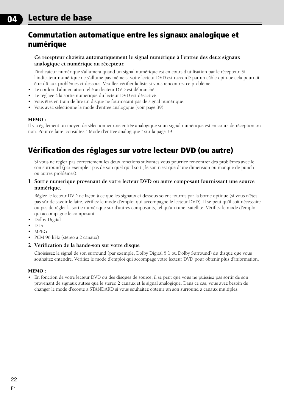 Lecture de base 22, Lecture de base | Pioneer VSX-C300-S User Manual | Page 22 / 112