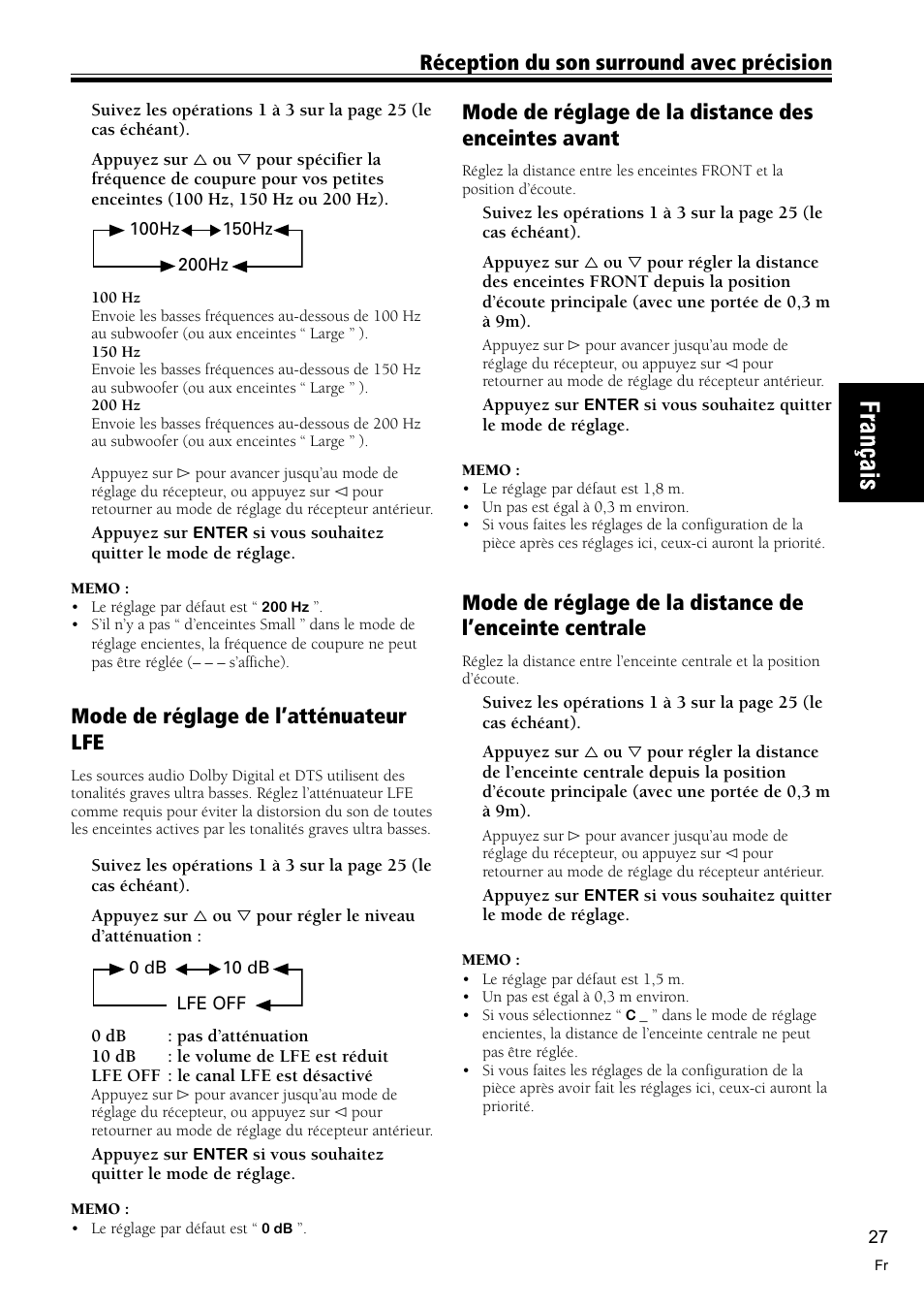 Réception du son surround avec précision, Mode de réglage de l’atténuateur lfe, Mode de réglage de la distance des enceintes avant | Pioneer VSX-C300-S User Manual | Page 27 / 112