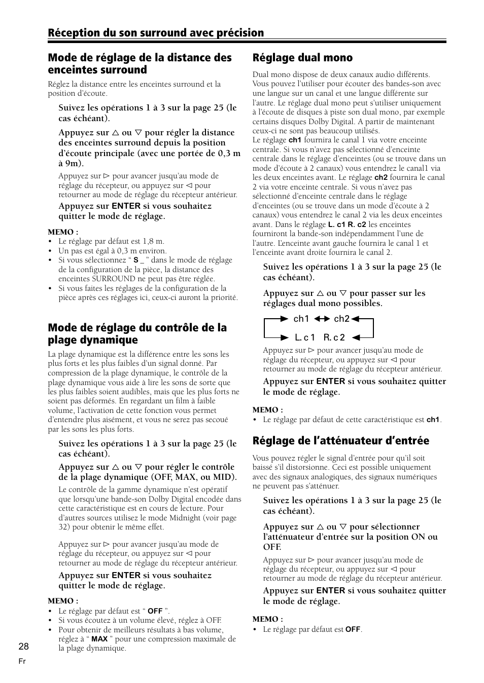 Réglage de l’atténuateur d’entrée, Mode de réglage du contrôle de la plage dynamique | Pioneer VSX-C300-S User Manual | Page 28 / 112