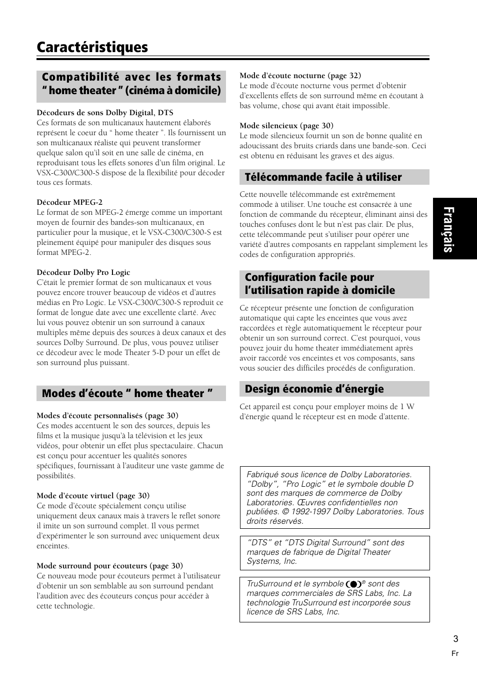 Caractéristiques, Français, Modes d’écoute “ home theater | Télécommande facile à utiliser, Design économie d’énergie | Pioneer VSX-C300-S User Manual | Page 3 / 112