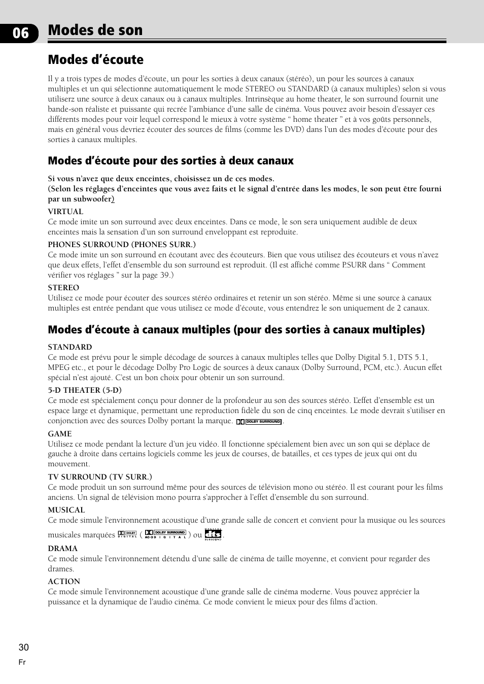 Modes de son 30, Modes d’écoute 30, Modes de son | Modes d’écoute, Modes d’écoute pour des sorties à deux canaux | Pioneer VSX-C300-S User Manual | Page 30 / 112