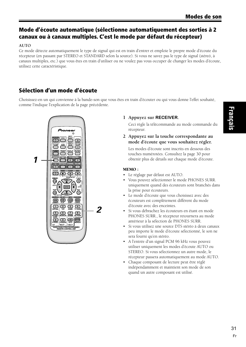 Sélection d’un mode d’écoute 31, Sélection d’un mode d’écoute, 1 appuyez sur | Receiver | Pioneer VSX-C300-S User Manual | Page 31 / 112