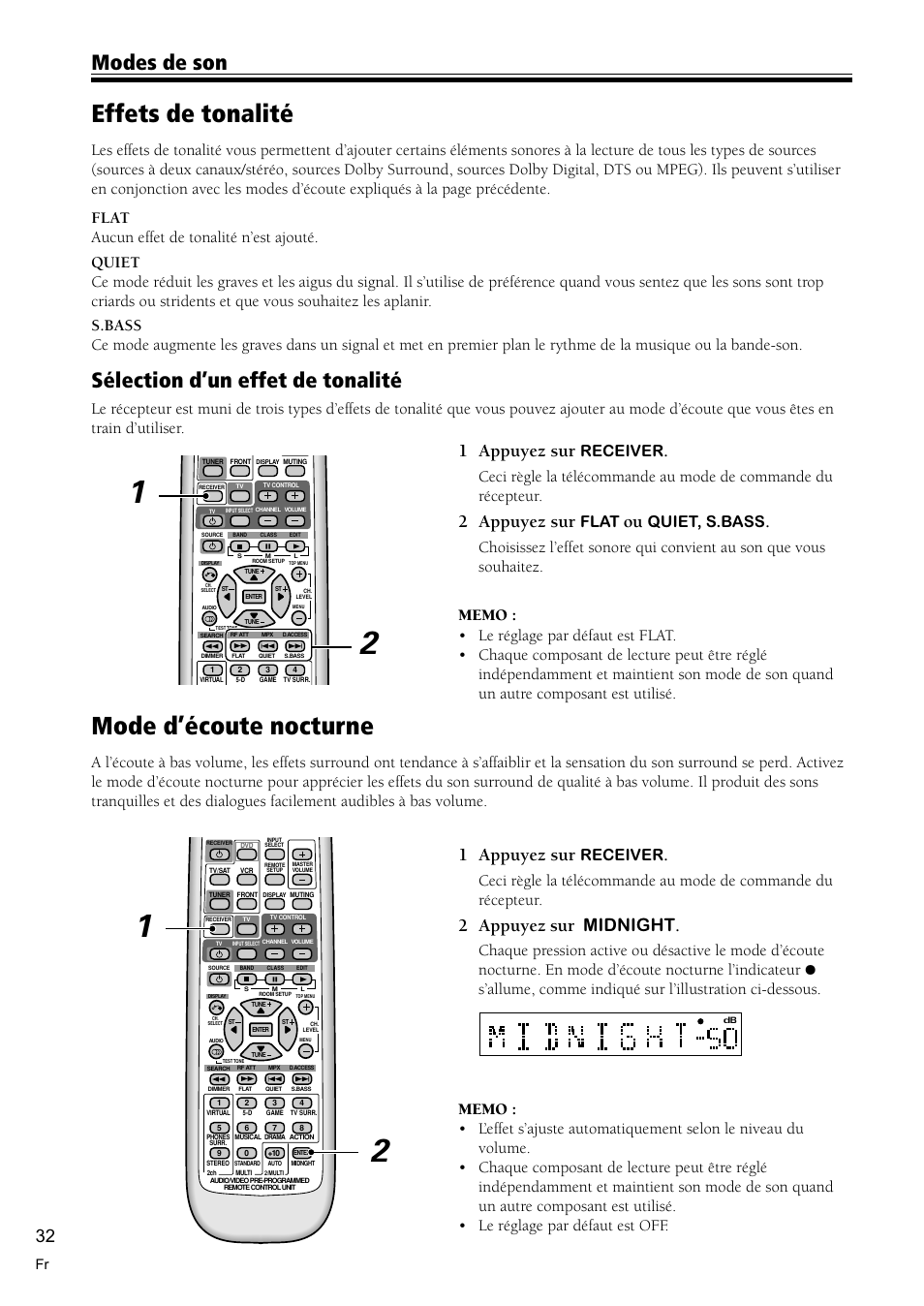 Effets de tonalité 32, Mode d’écoute nocturne 32, Mode d’écoute nocturne | Effets de tonalité, Modes de son, Sélection d’un effet de tonalité, 1 appuyez sur, 2 appuyez sur, 2 appuyez sur midnight, Receiver | Pioneer VSX-C300-S User Manual | Page 32 / 112