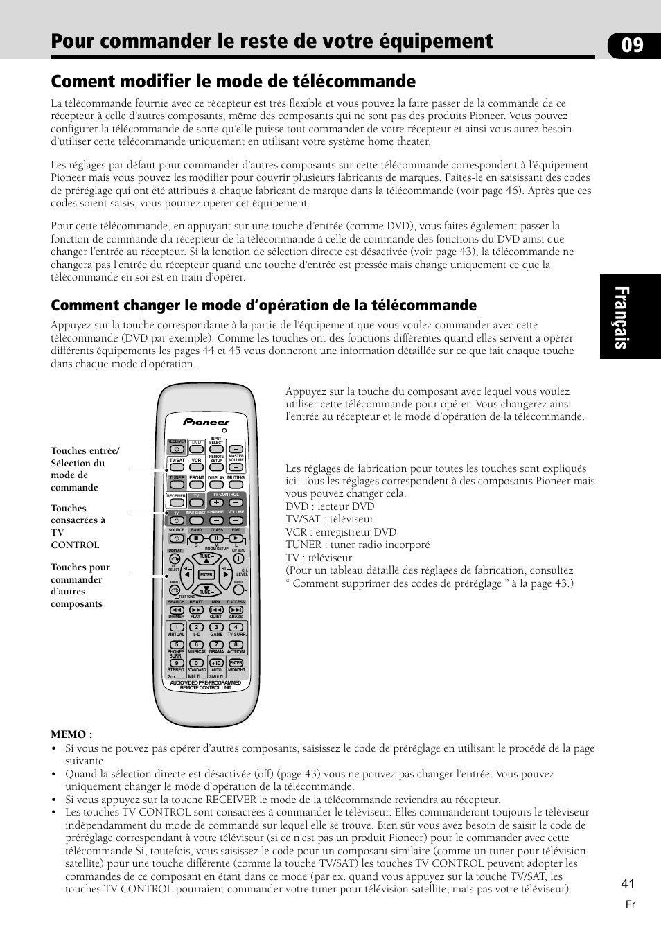 Pour commander le reste de votre équipement 41, Coment modifier le mode de télécommande 41, 09 pour commander le reste de votre équipement | Français, Coment modifier le mode de télécommande | Pioneer VSX-C300-S User Manual | Page 41 / 112