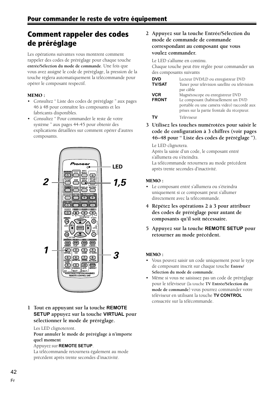Comment rappeler des codes de préréglage 42, Comment rappeler des codes de préréglage, Pour commander le reste de votre équipement | Led 1 tout en appuyant sur la touche, Appuyez sur la touche, Pour sélectionner le mode de préréglage, Pour retourner au mode précédent, Remote setup, Virtual, Consacrée sur la télécommande | Pioneer VSX-C300-S User Manual | Page 42 / 112