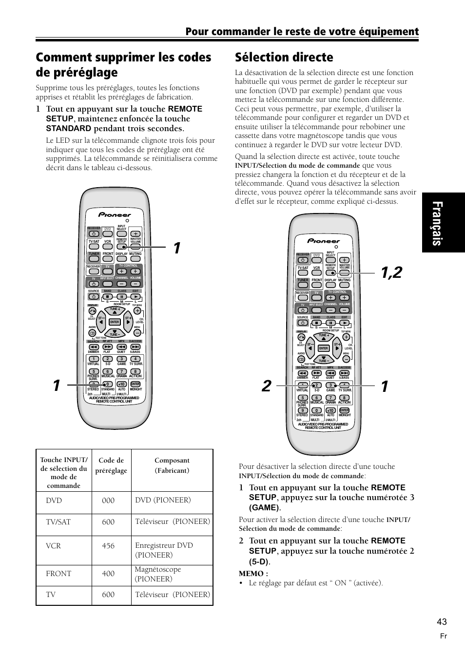 Comment supprimer les codes de préréglage 43, Sélection directe 43, Fran çais | Sélection directe, Comment supprimer les codes de préréglage, Pour commander le reste de votre équipement, 1 tout en appuyant sur la touche, Appuyez sur la touche numérotée 3, 2 tout en appuyant sur la touche, Appuyez sur la touche numérotée 2 | Pioneer VSX-C300-S User Manual | Page 43 / 112