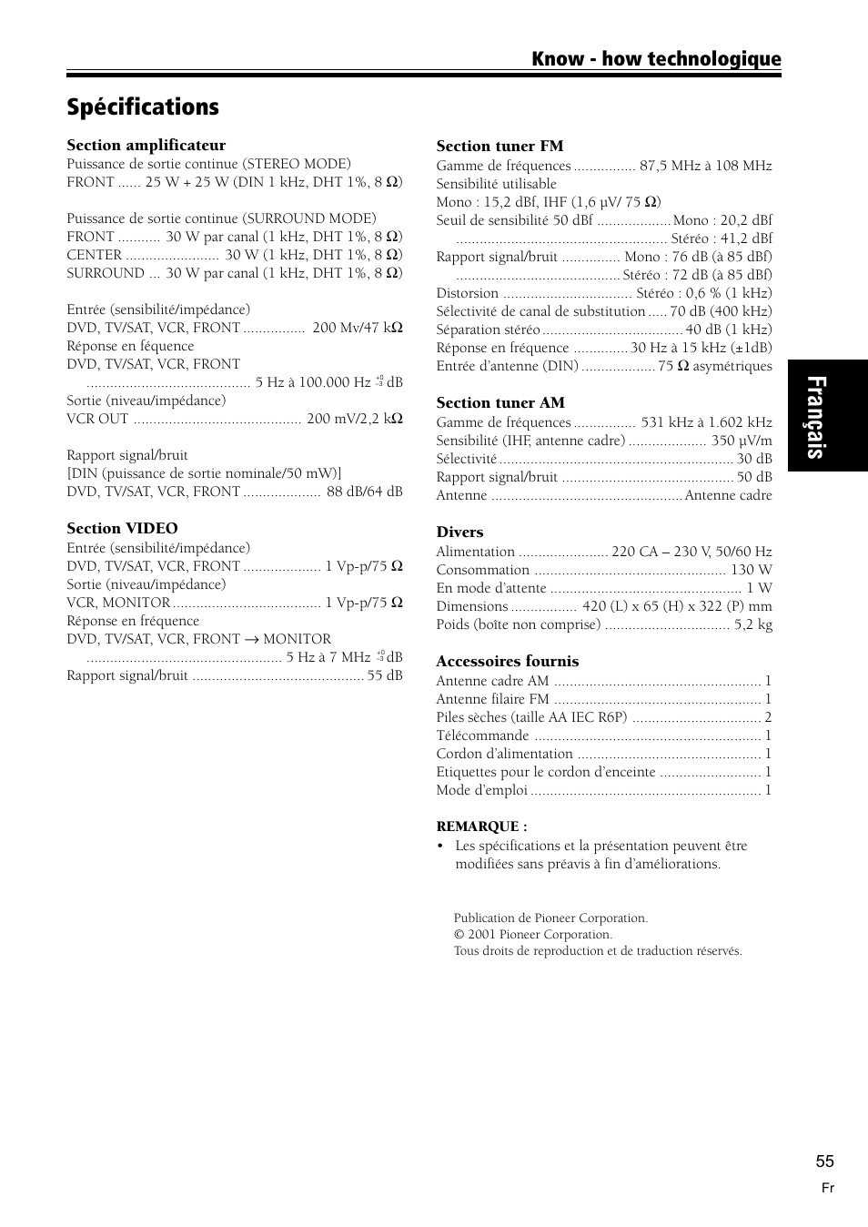 Spécifications 55, Fran çais, Spécifications | Know - how technologique | Pioneer VSX-C300-S User Manual | Page 55 / 112
