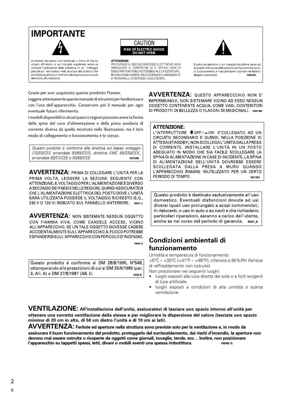 Condizioni ambientali di funzionamento, Ventilazione, Avvertenza | Pioneer VSX-C300-S User Manual | Page 56 / 112