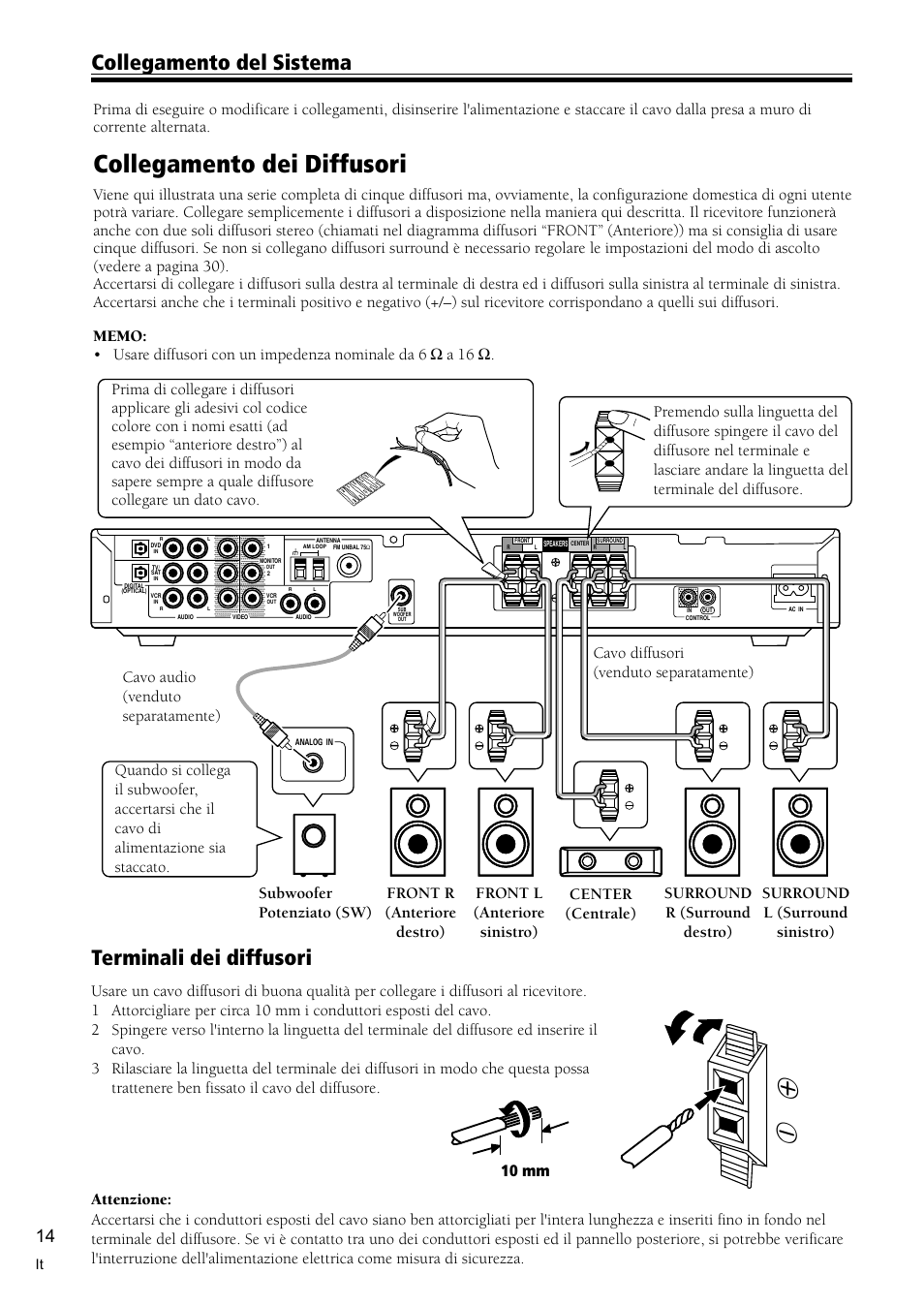 Collegamento dei diffusori 14, Collegamento dei diffusori, Terminali dei diffusori | Collegamento del sistema | Pioneer VSX-C300-S User Manual | Page 68 / 112