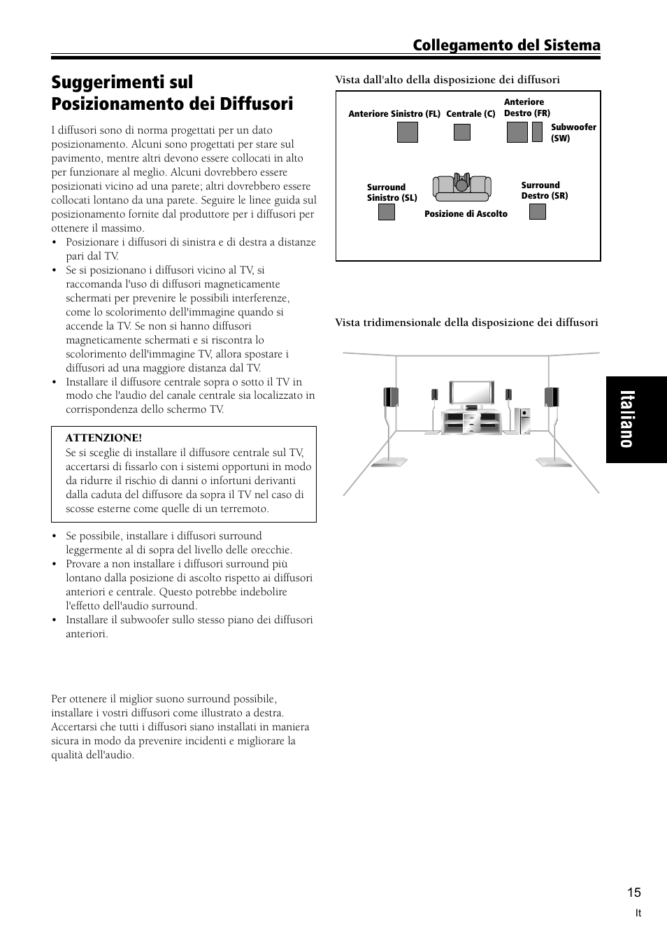 Suggerimenti sul posizionamento dei diffusori 15, Suggerimenti sul posizionamento dei diffusori, Collegamento del sistema | Pioneer VSX-C300-S User Manual | Page 69 / 112