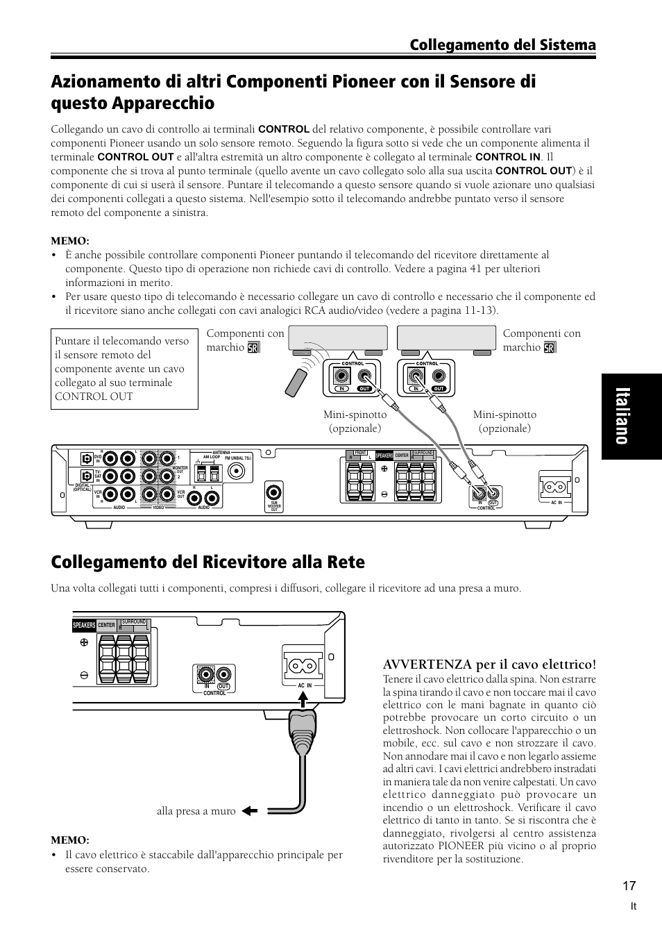 Azionamento di altri componenti pioneer 17, Collegamento del ricevitore alla rete 17, Collegamento del ricevitore alla rete | Collegamento del sistema, Avvertenza per il cavo elettrico, Collegando un cavo di controllo ai terminali, Control, Control out, Control in | Pioneer VSX-C300-S User Manual | Page 71 / 112