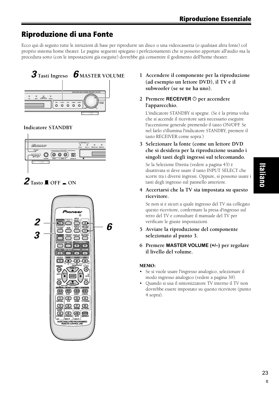 La fonte della riproduzione 23, Riproduzione di una fonte, Riproduzione essenziale | Per accendere l'apparecchio, Per regolare il livello del volume, Indicatore standby, Tasto — off _ on, Master volume, Tasti ingreso, Receiver | Pioneer VSX-C300-S User Manual | Page 77 / 112