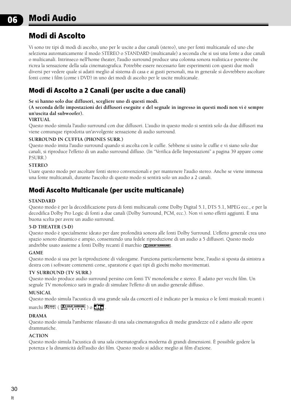 Modi audio 30, Modi di ascolto 30, Modi audio | Modi di ascolto, Modi ascolto multicanale (per uscite multicanale) | Pioneer VSX-C300-S User Manual | Page 84 / 112