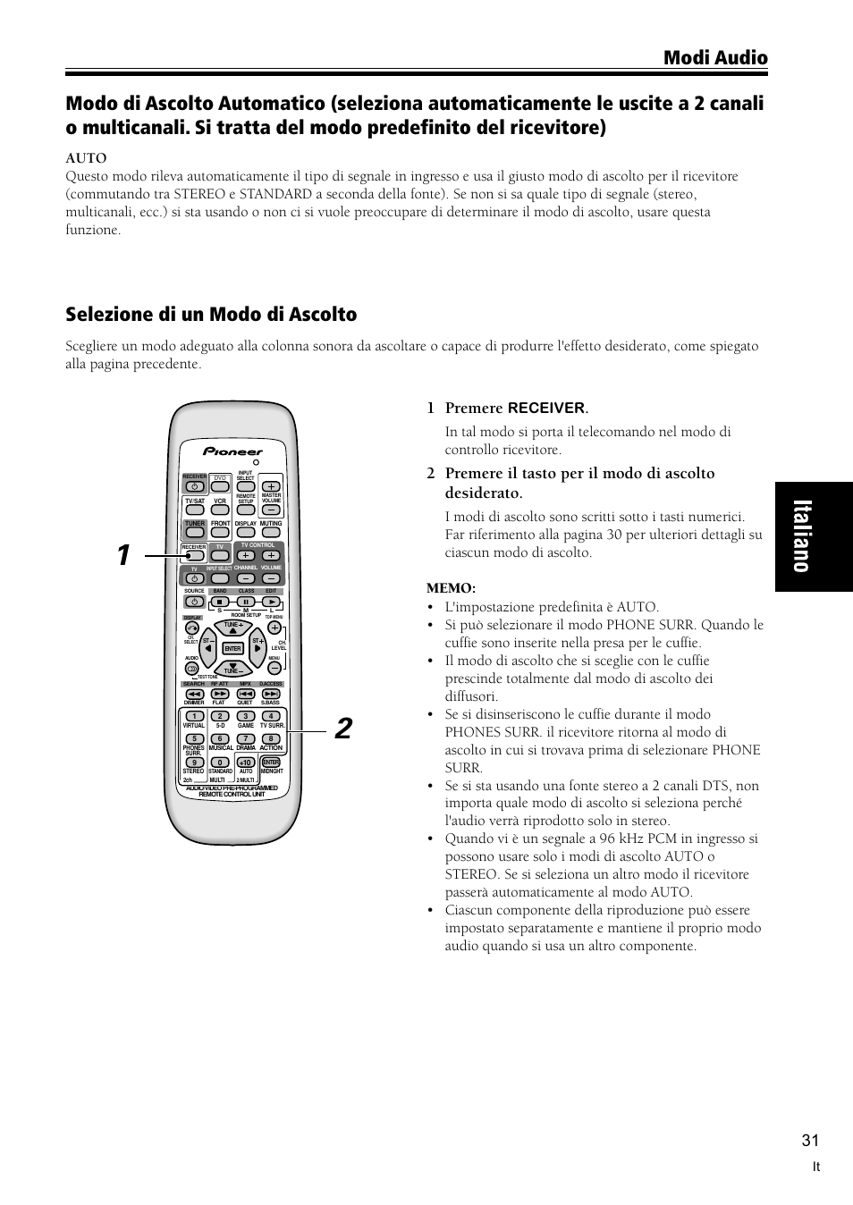 Selezione di un modo di ascolto 31, Selezione di un modo di ascolto, 1 premere | Receiver | Pioneer VSX-C300-S User Manual | Page 85 / 112