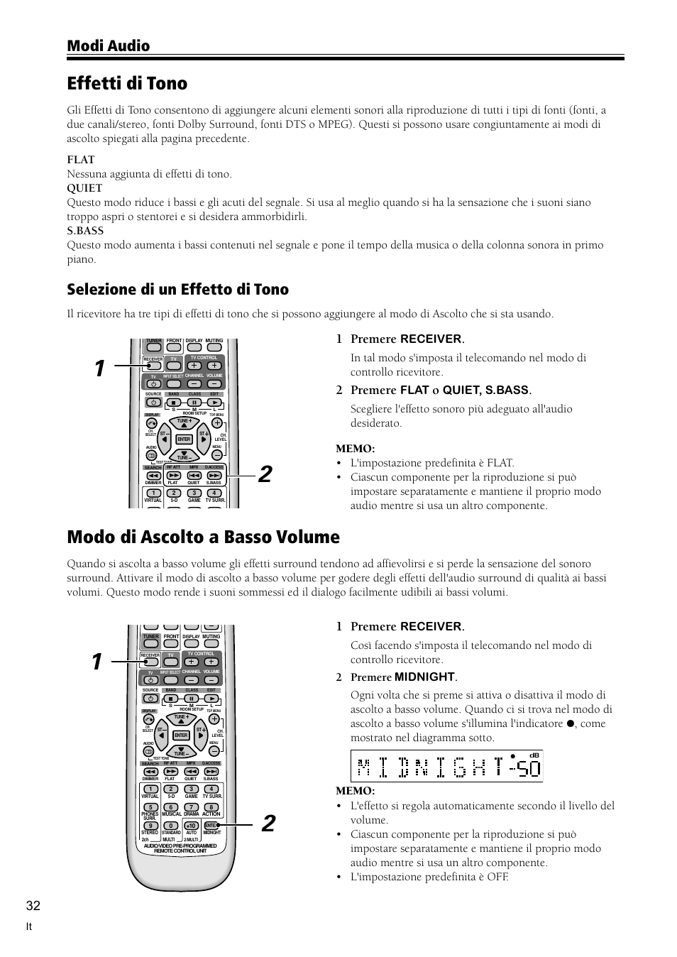 Effetti di tono 32, Modo di ascolto a basso volume 32, Modo di ascolto a basso volume | Effetti di tono, Modi audio, Selezione di un effetto di tono, 1 premere, 2 premere, Receiver, Flat | Pioneer VSX-C300-S User Manual | Page 86 / 112
